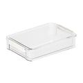 Shallow clear rectangular storage box with a lid and white side latches on a white background