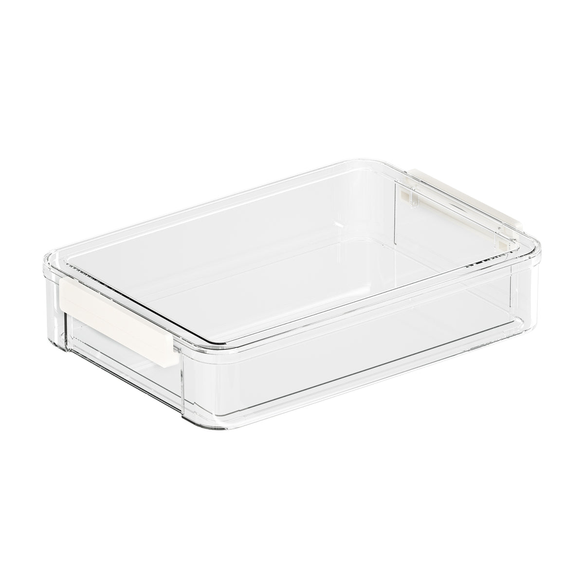 Shallow clear rectangular storage box with a lid and white side latches on a white background