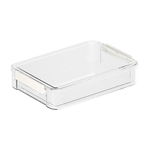 Shallow clear rectangular storage box with a lid and white side latches on a white background