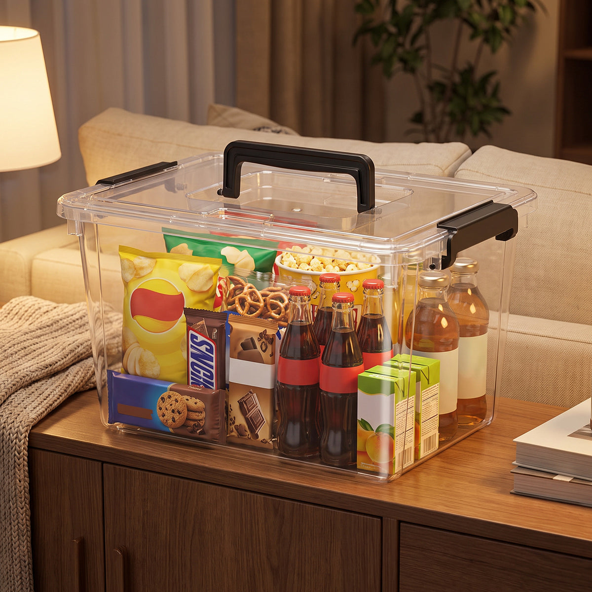 Clear lidded storage box organizing packaged snacks and bottled drinks