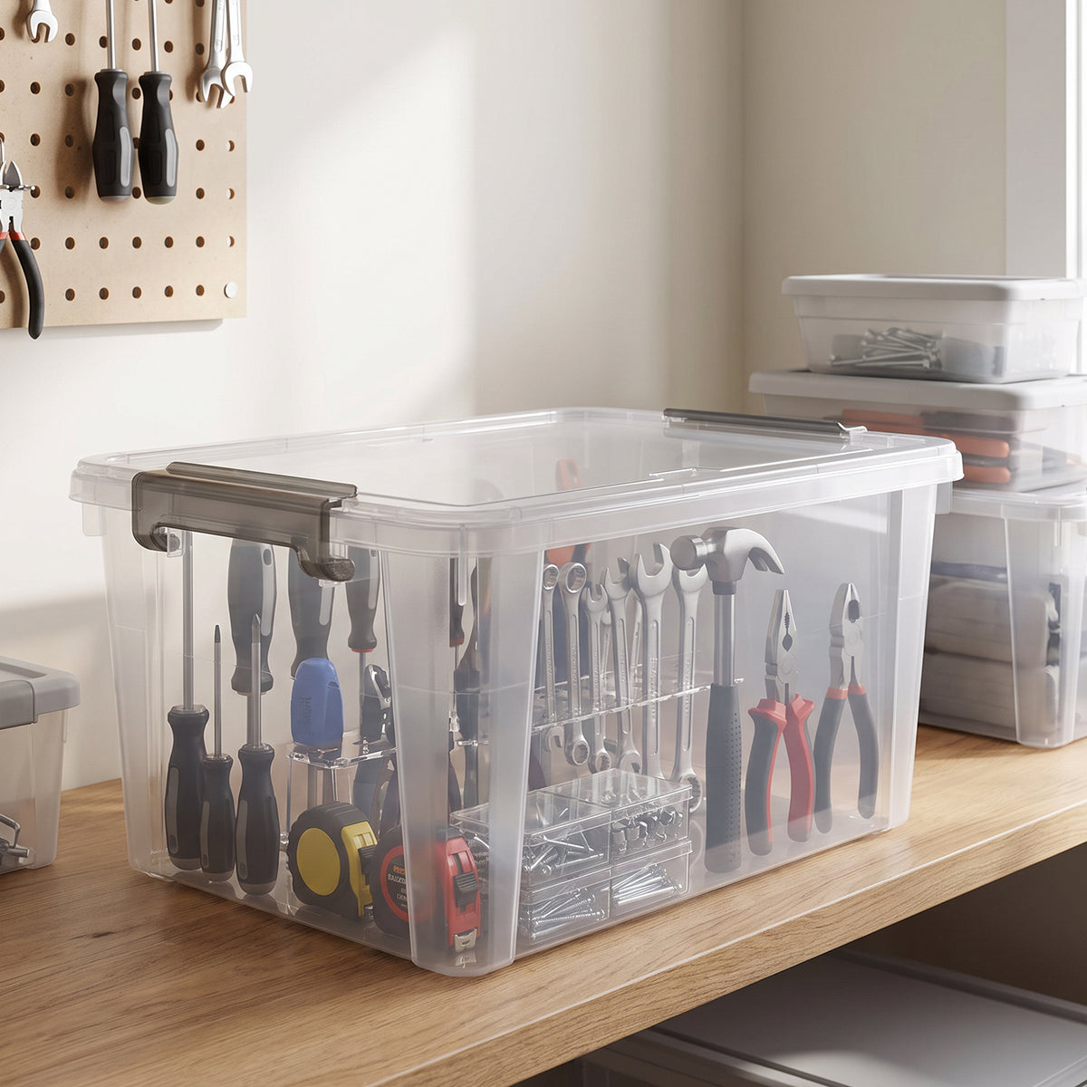 Clear storage box holding screwdrivers, wrenches, pliers, and other hand tools on a workbench