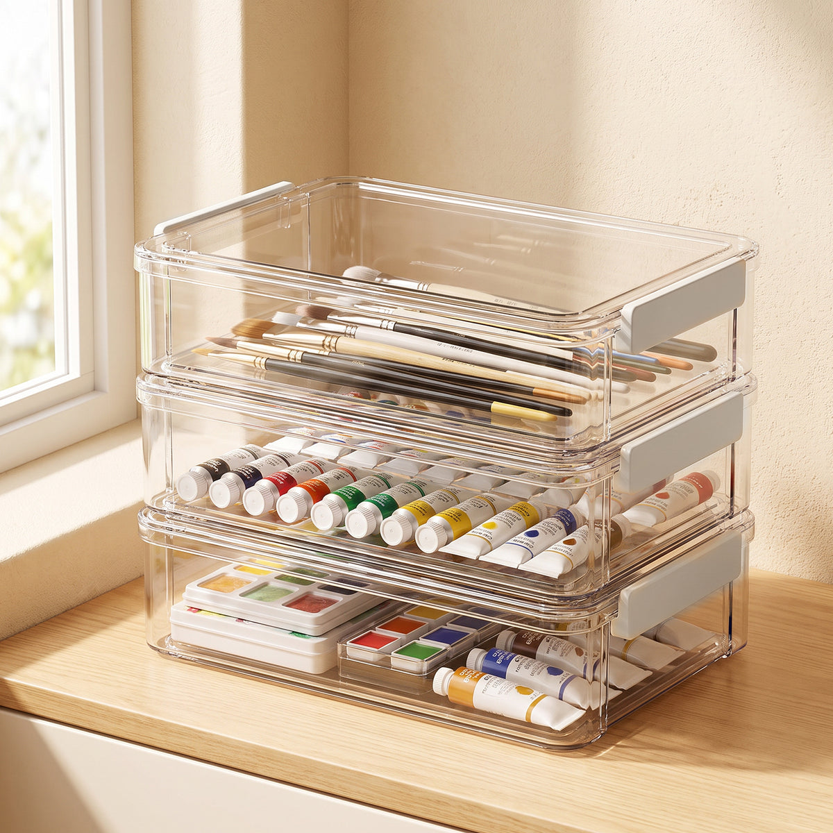 Three stacked clear storage boxes holding paintbrushes, paint tubes, and watercolor palettes
