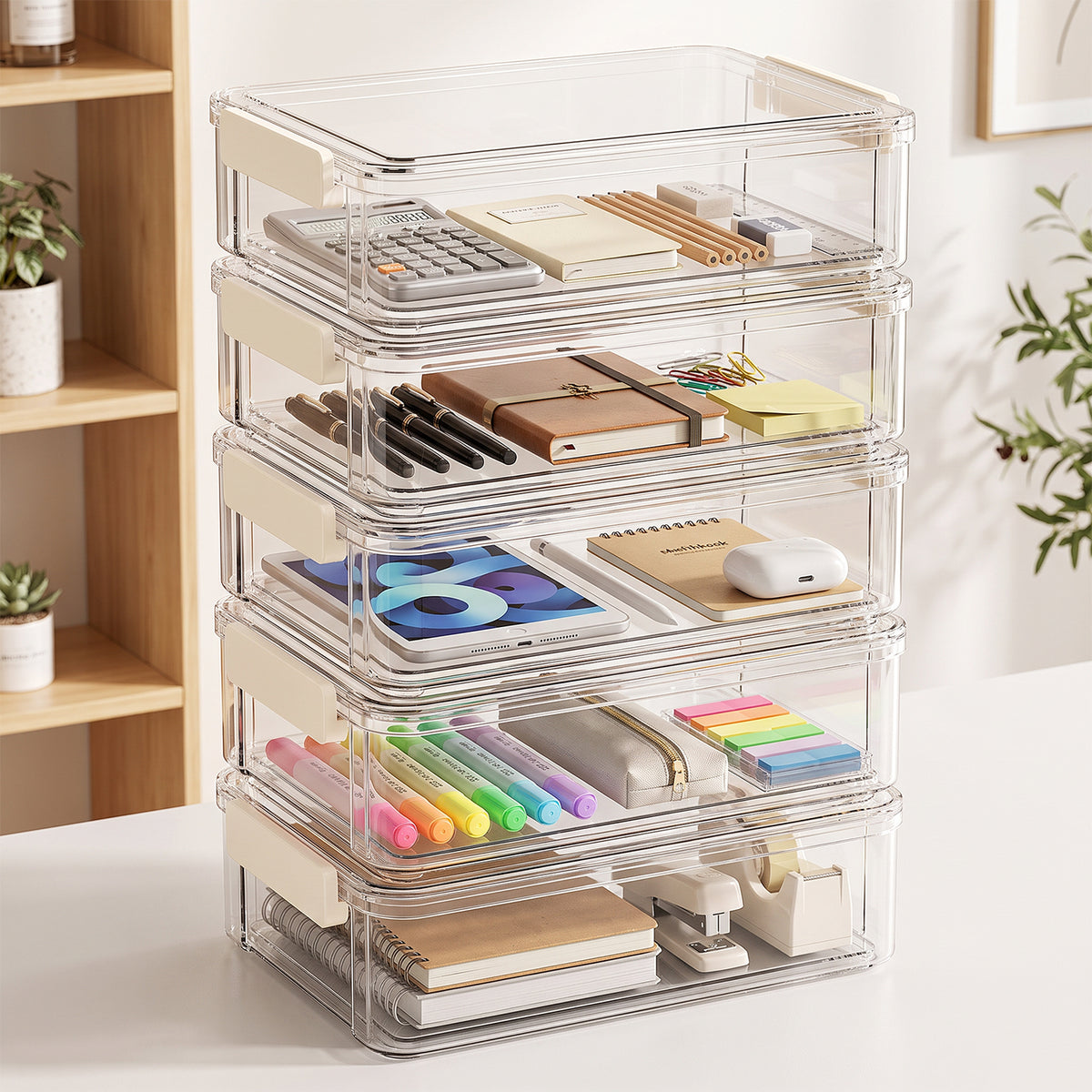 Five stacked clear storage boxes holding stationery, notebooks, a calculator, and a tablet