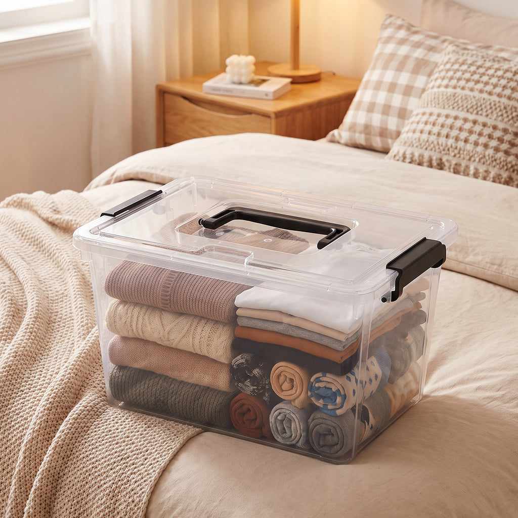 Clear lidded storage box organizing folded clothes