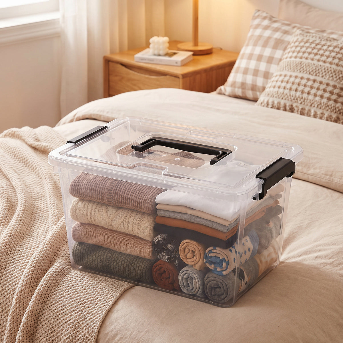 Clear lidded storage box organizing folded clothes