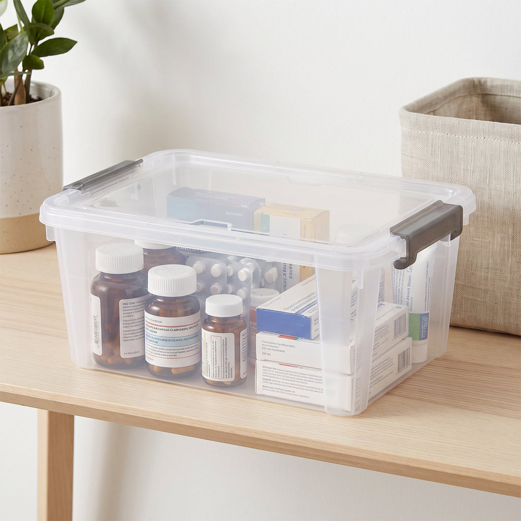 Clear storage box holding medicine bottles, blister packs, and boxes