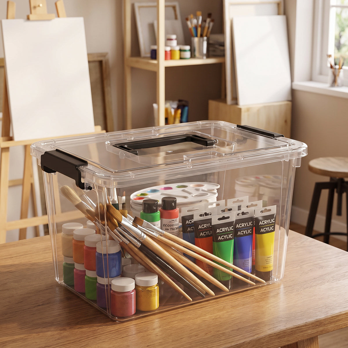 Clear storage box organizing art and craft supplies