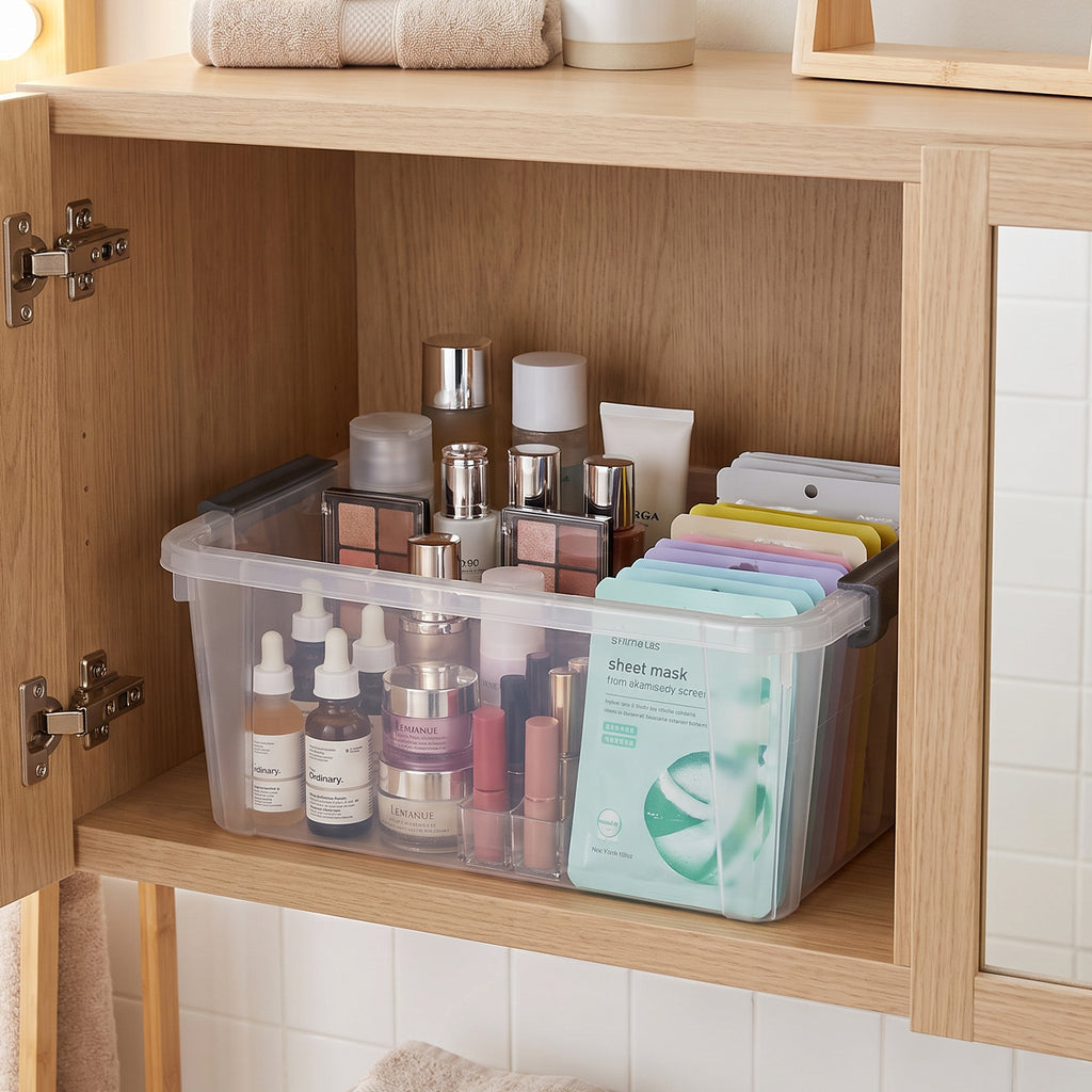 Clear storage box organizing cosmetics, skincare bottles, and sheet masks in a cabinet
