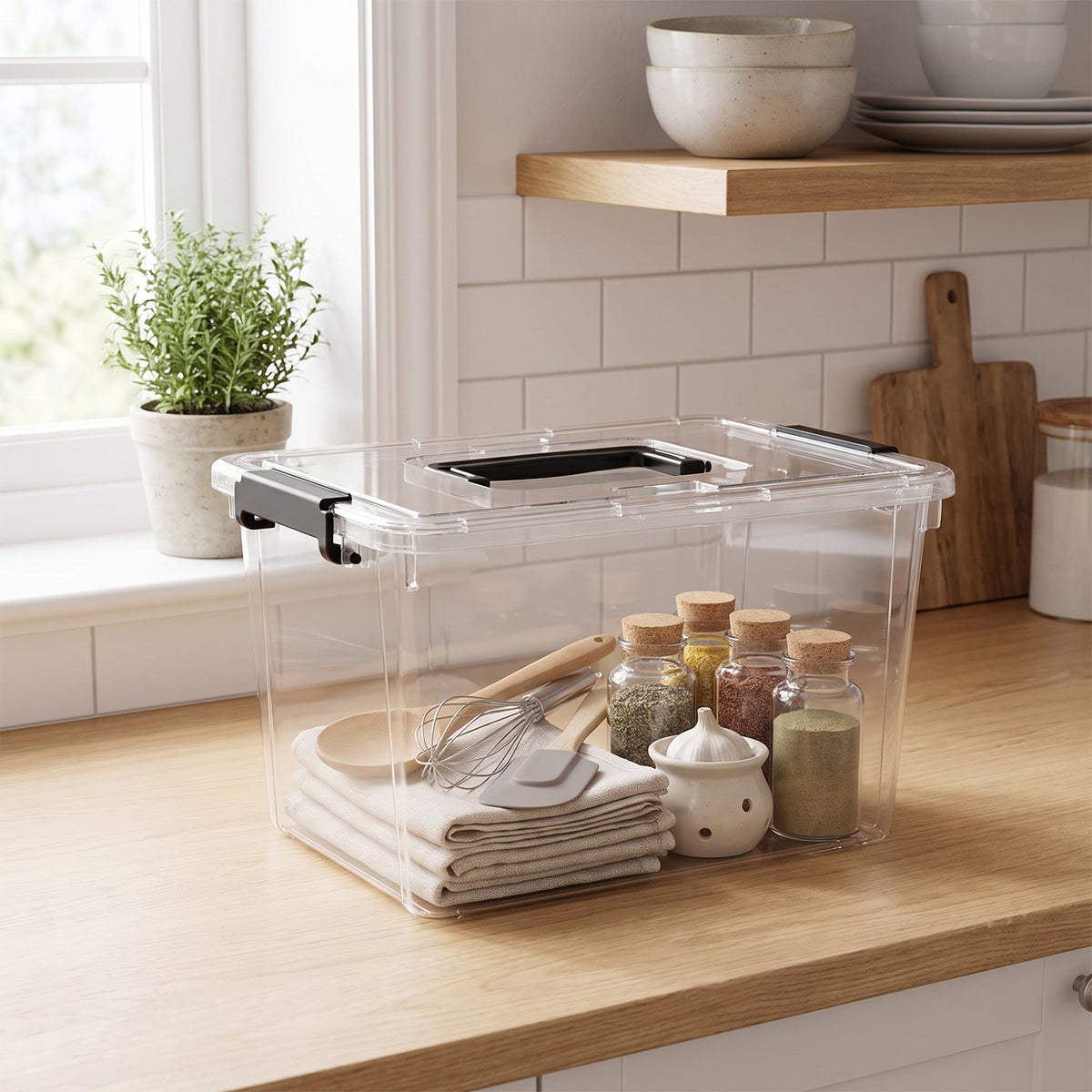 Clear storage box organizing sealed spice jars, kitchen towels, and utensils