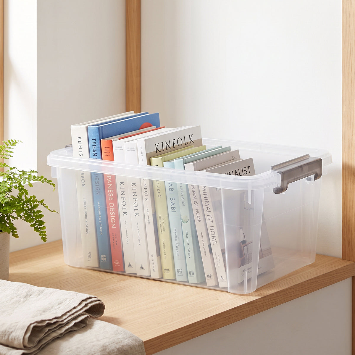 Clear storage box holding upright books on a wooden shelf