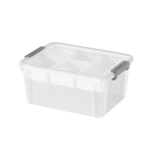 Clear plastic storage box with organizer tray