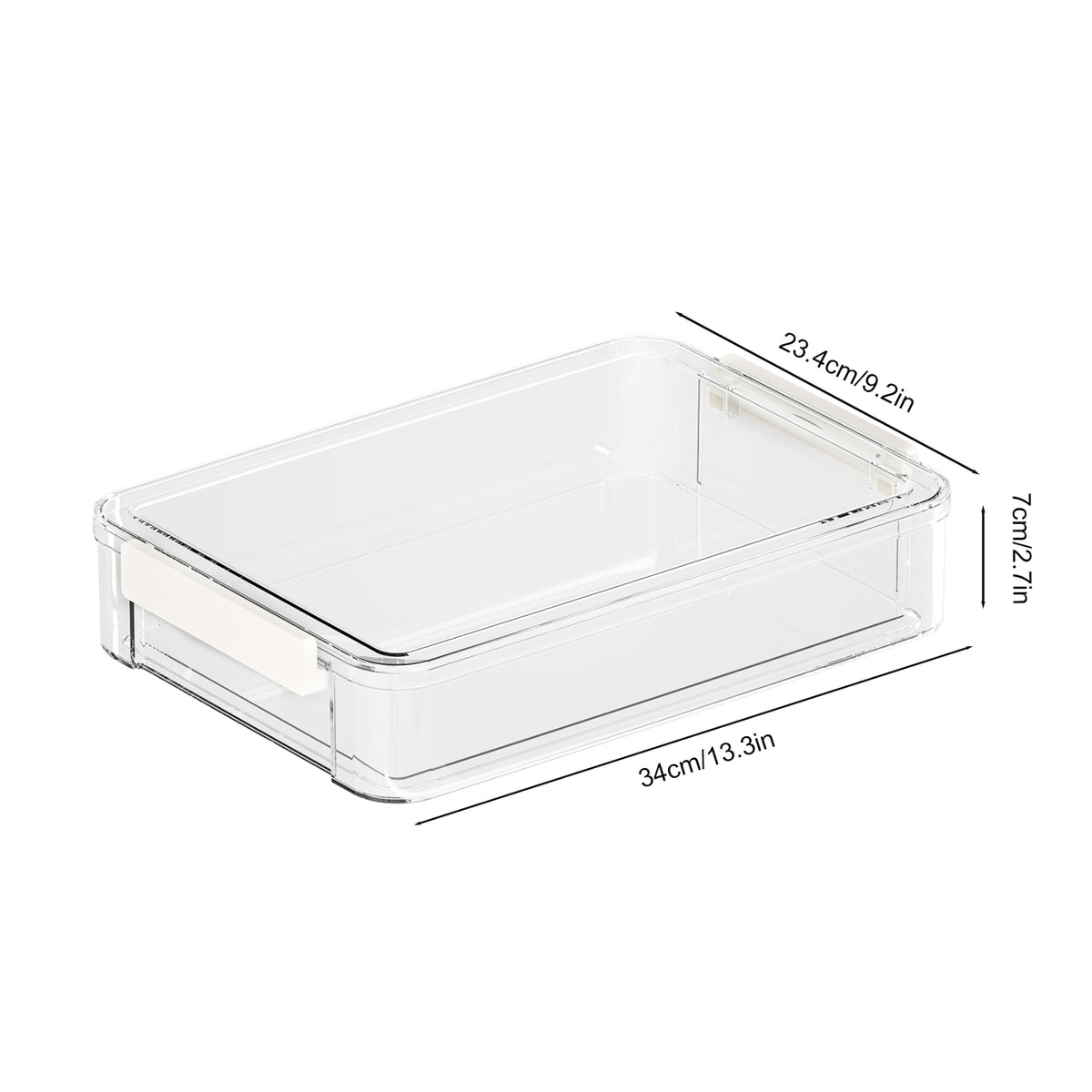 Dimension diagram of a shallow clear storage box with measurements in centimeters and inches