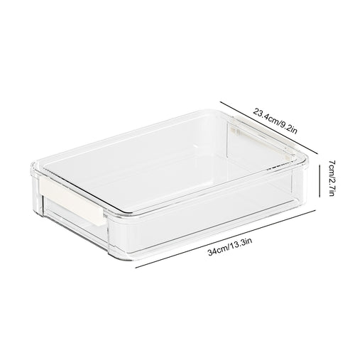 Dimension diagram of a shallow clear storage box with measurements in centimeters and inches