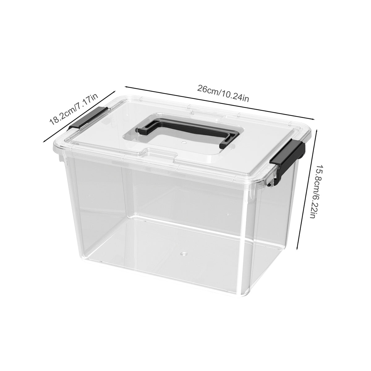 Dimensions of clear lidded storage box with carry handle