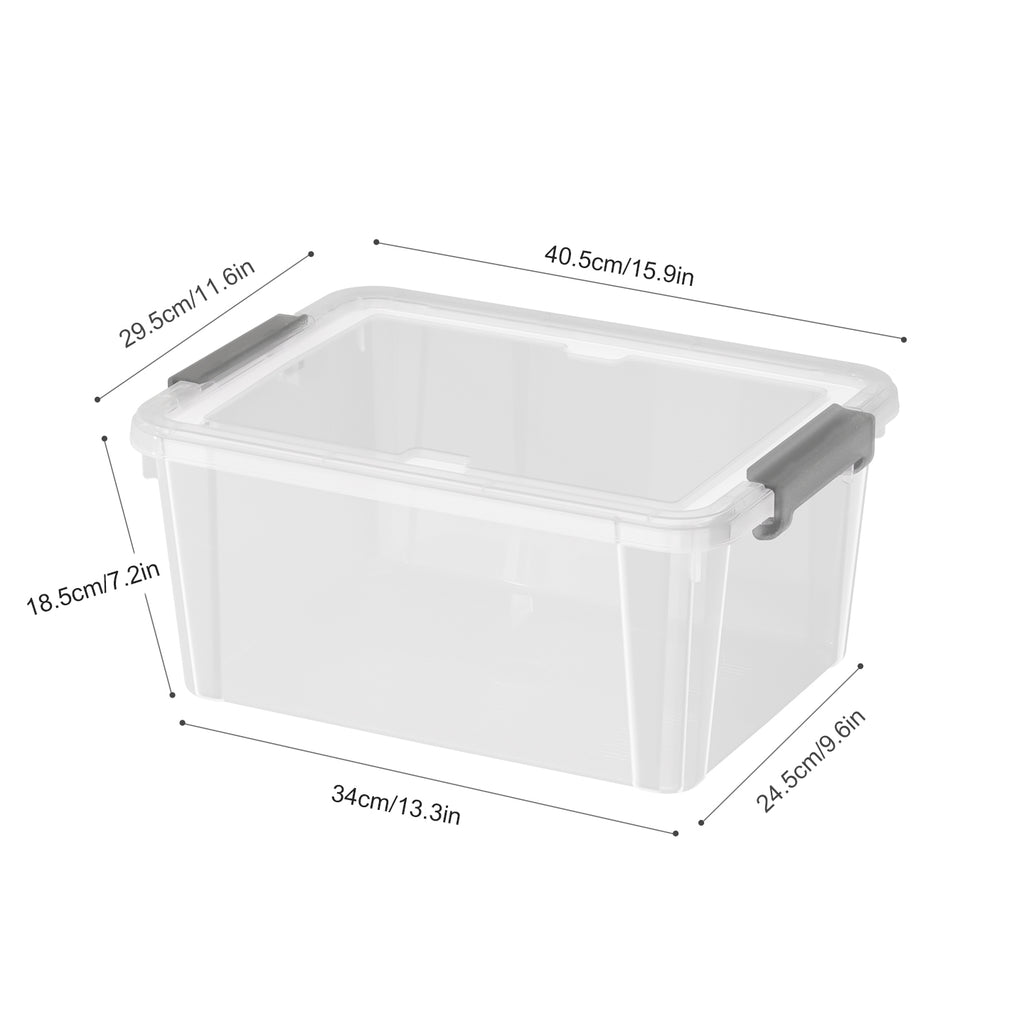 Dimensions of clear storage box: 40.5 x 29.5 x 18.5 cm, with a 34 x 24.5 cm base