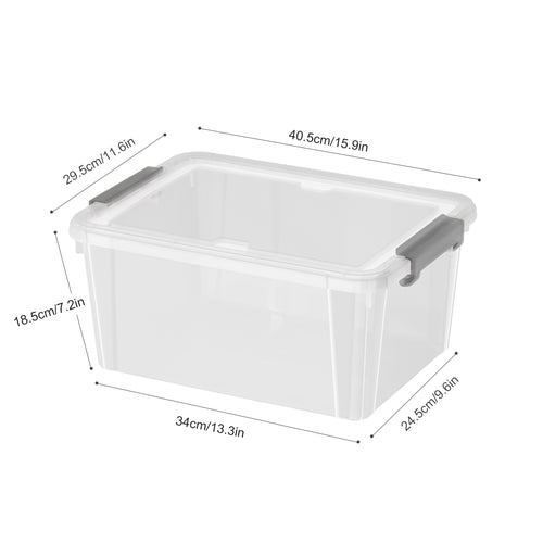 Dimensions of clear storage box: 40.5 x 29.5 x 18.5 cm, with a 34 x 24.5 cm base