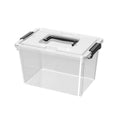 Clear lidded storage box with black carry handle and side latches