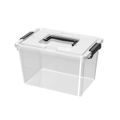 Clear lidded storage box with black carry handle and side latches