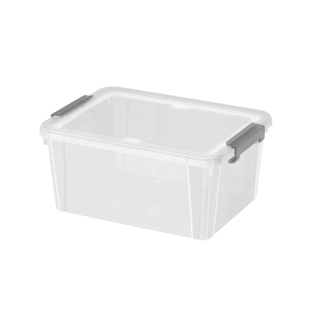 Clear plastic storage box with a lid and gray side latches on a white background