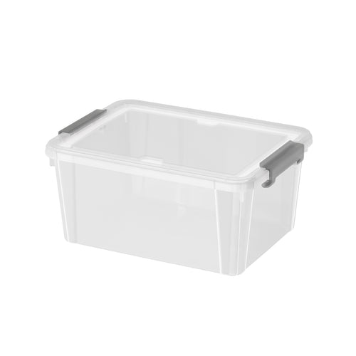 Clear plastic storage box with a lid and gray side latches on a white background
