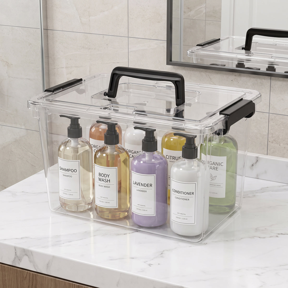 Clear storage box organizing bathroom and personal care products