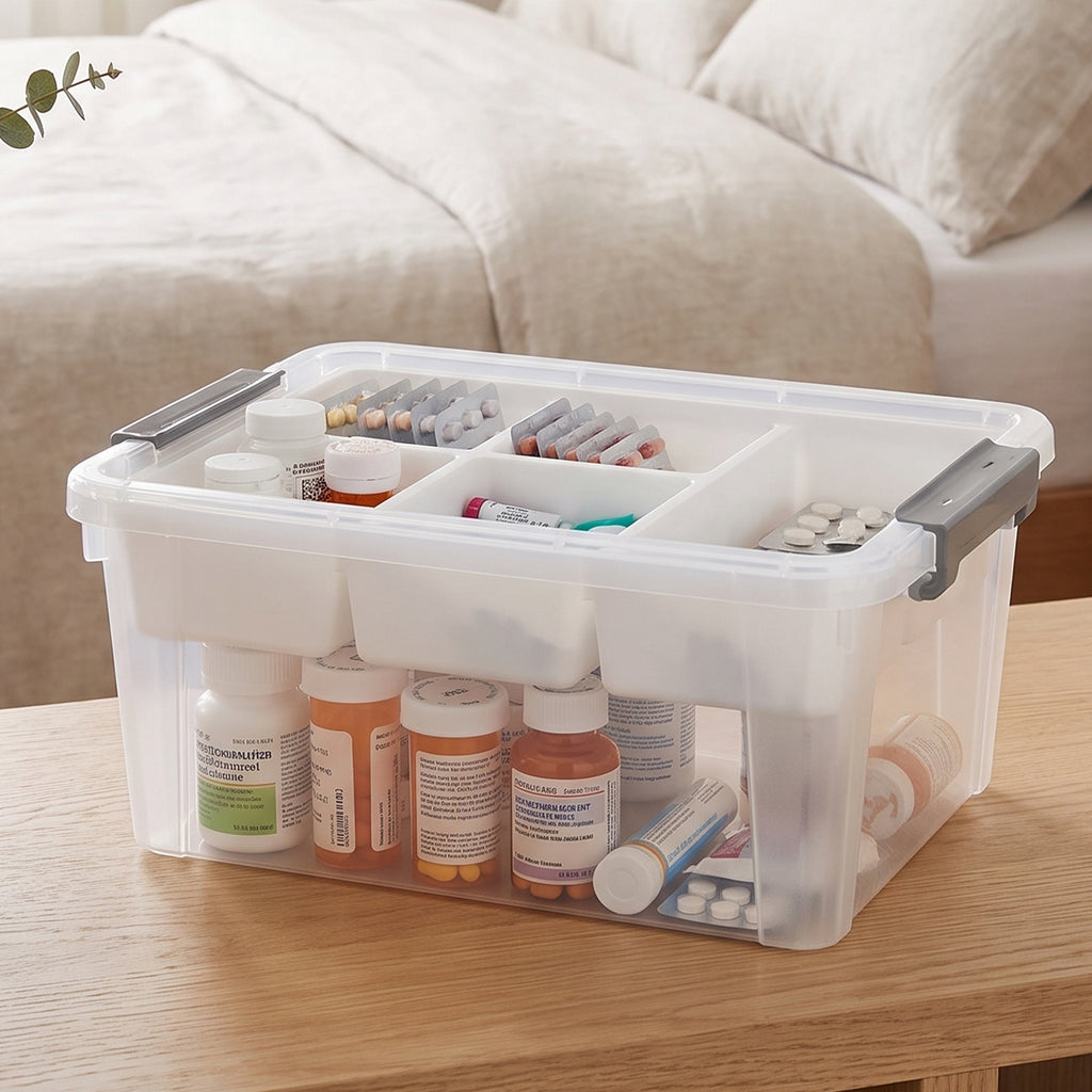 Clear storage box with a white five-compartment tray organizing medicine bottles and blister packs