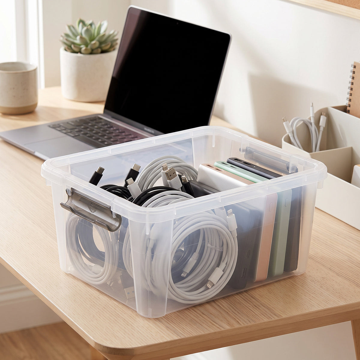 Clear storage box organizing coiled charging cables and power banks on a desk
