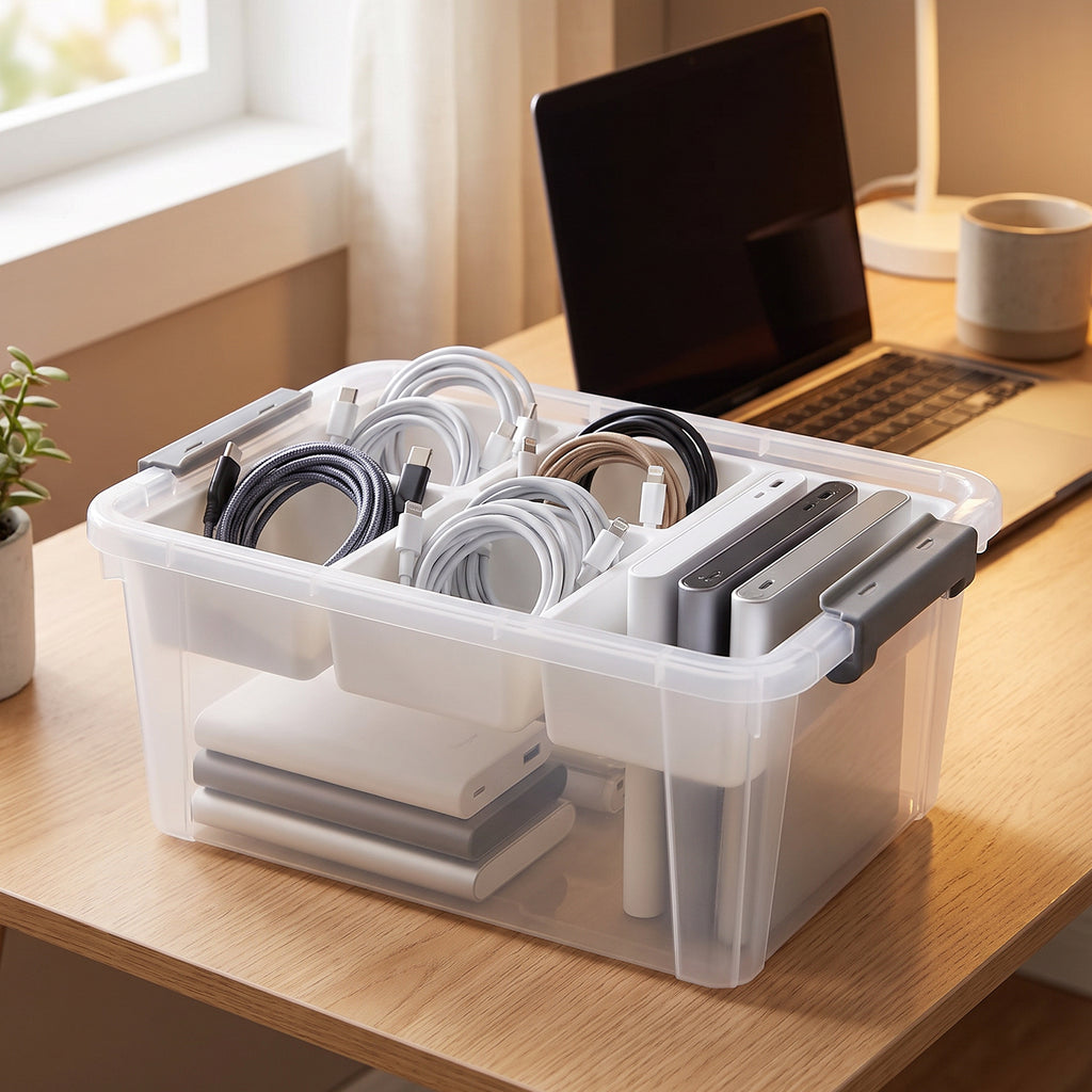 Storage box with cables and accessories
