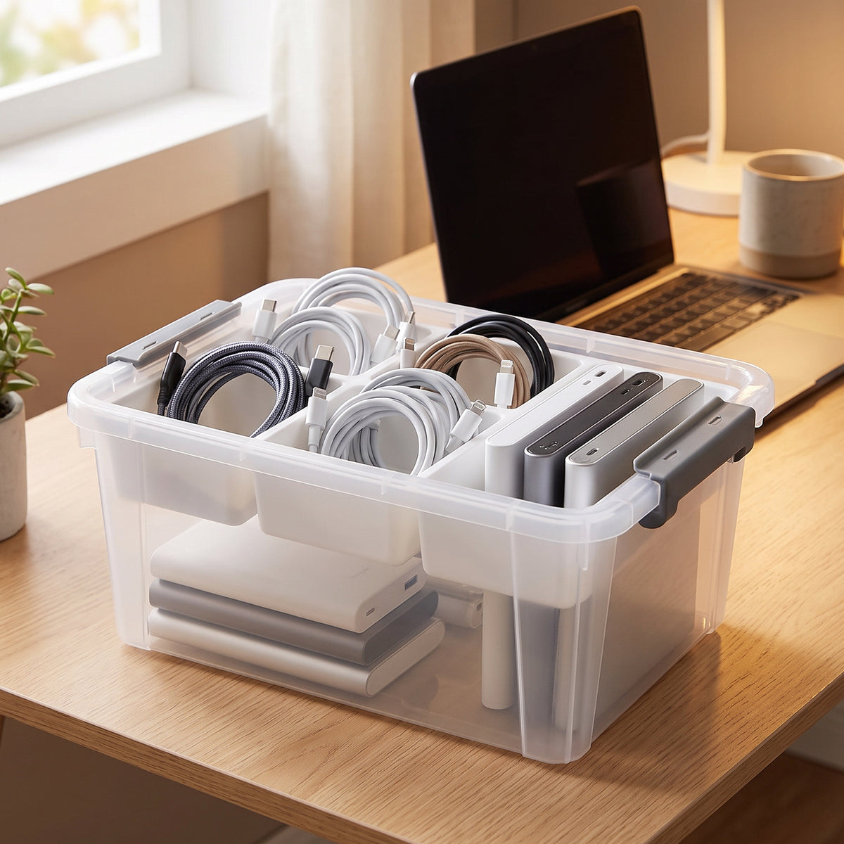 Storage box with cables and accessories