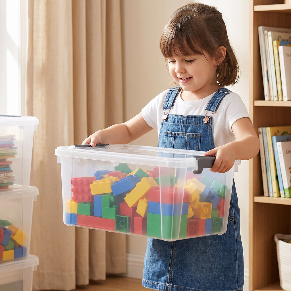 Child holding a clear storage box filled with colorful building blocks