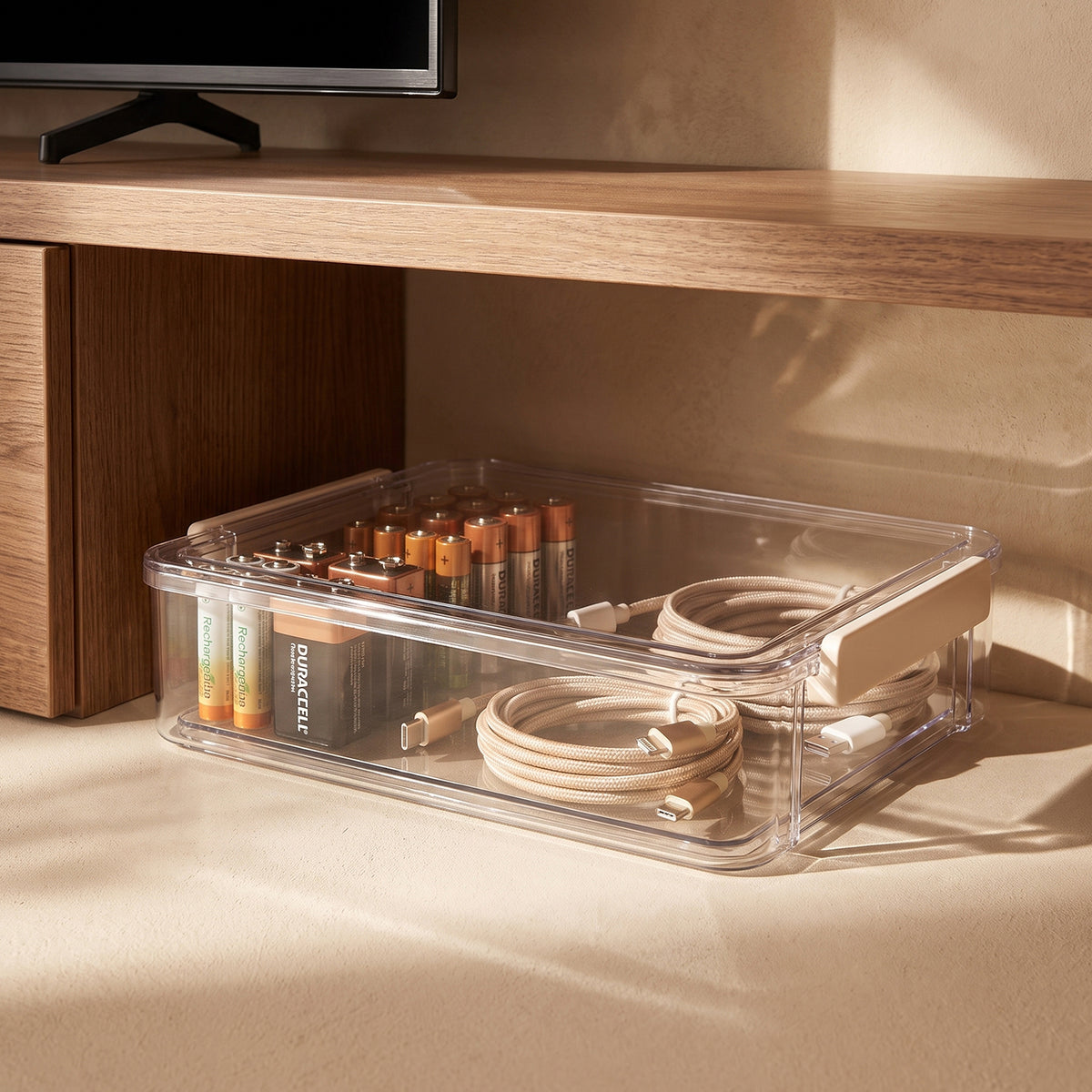 Clear storage box holding batteries and coiled charging cables on a shelf