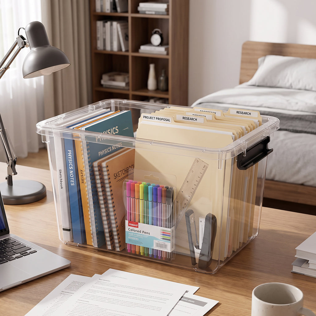 Clear storage box organizing notebooks, folders, and office supplies