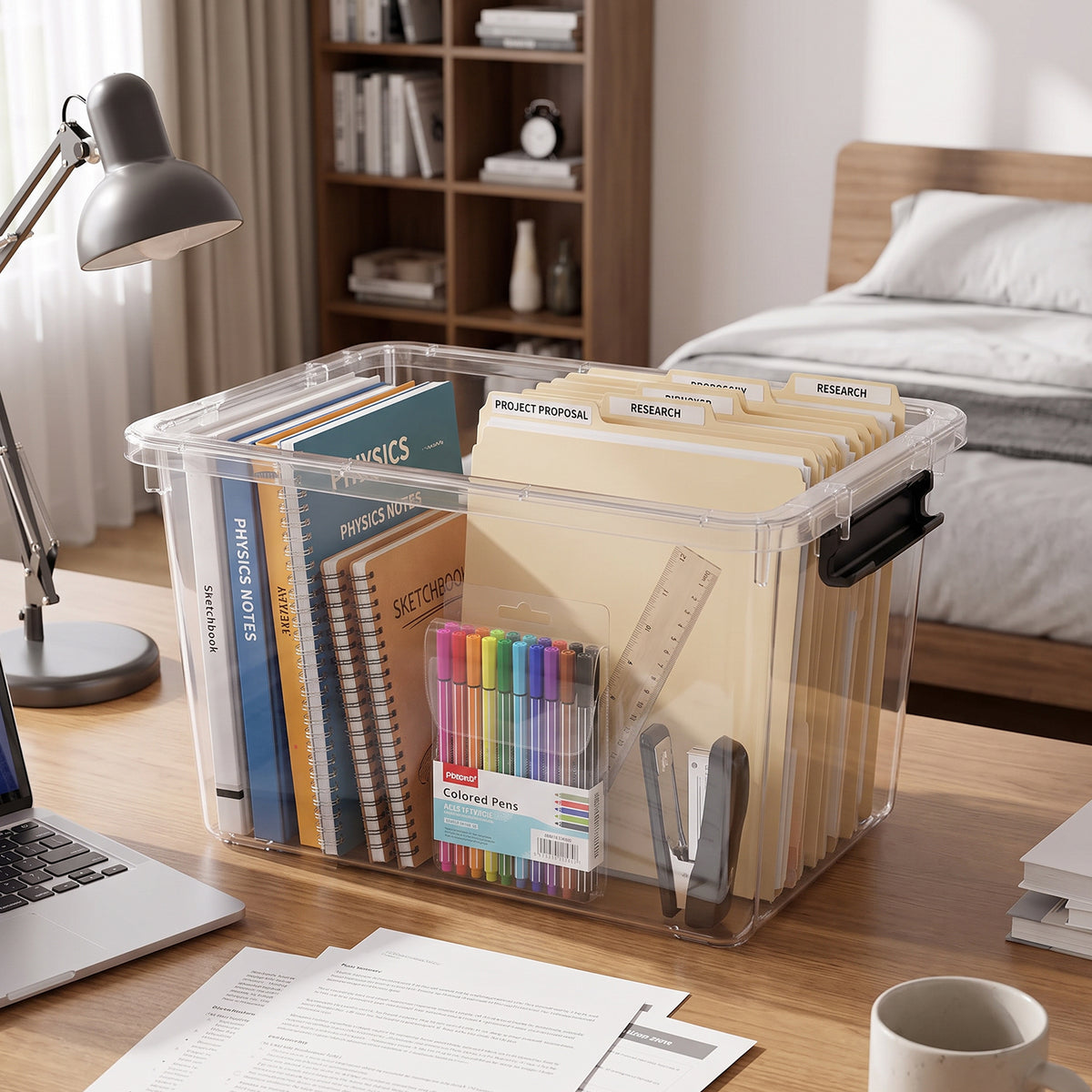 Clear storage box organizing notebooks, folders, and office supplies