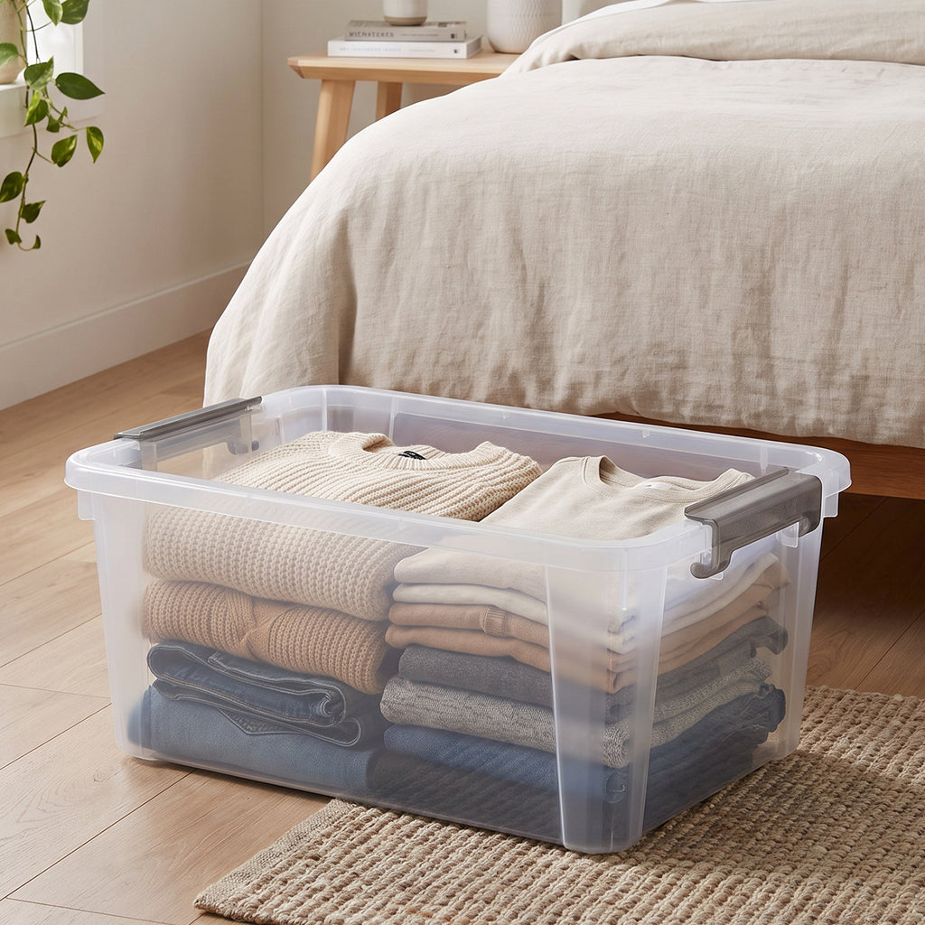 Clear storage box holding folded sweaters, shirts, and jeans beside a bed