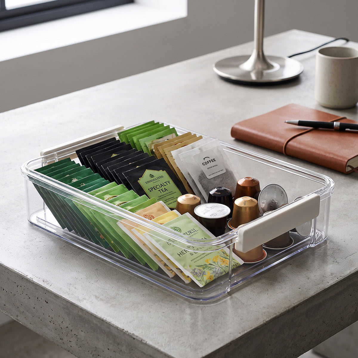 Clear storage box organizing individually wrapped tea bags and coffee capsules